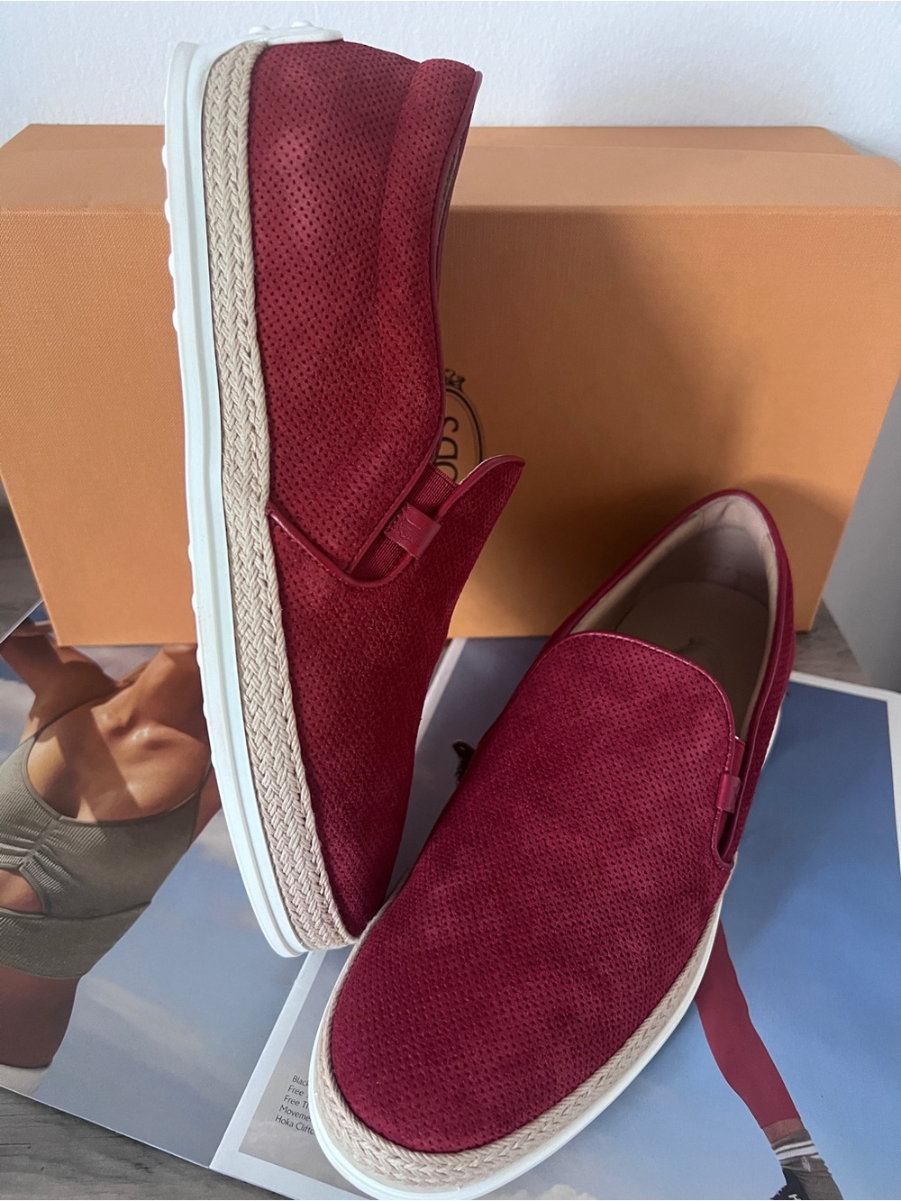 Tod's Men’s Burgundy Perforated Suede Slip-On Loafers